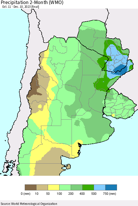 Southern South America Precipitation 2-Month (WMO) Thematic Map For 10/11/2023 - 12/10/2023