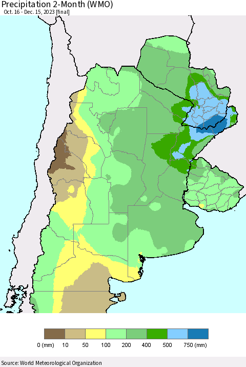 Southern South America Precipitation 2-Month (WMO) Thematic Map For 10/16/2023 - 12/15/2023