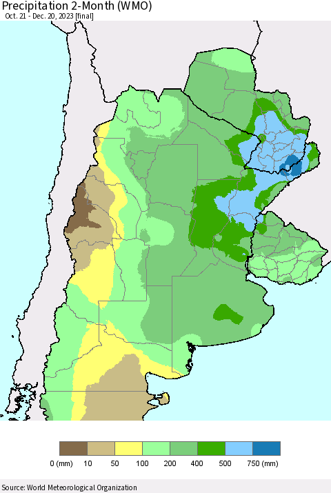 Southern South America Precipitation 2-Month (WMO) Thematic Map For 10/21/2023 - 12/20/2023