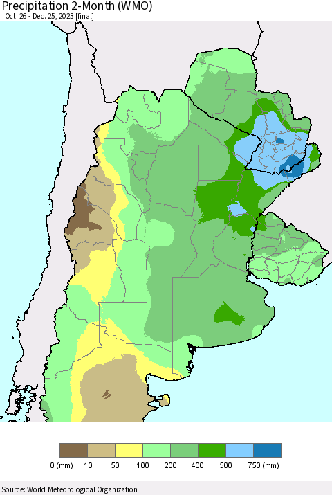 Southern South America Precipitation 2-Month (WMO) Thematic Map For 10/26/2023 - 12/25/2023