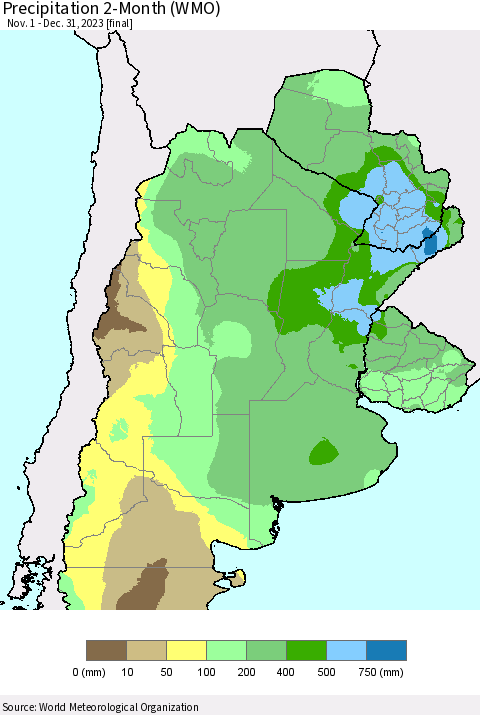Southern South America Precipitation 2-Month (WMO) Thematic Map For 11/1/2023 - 12/31/2023