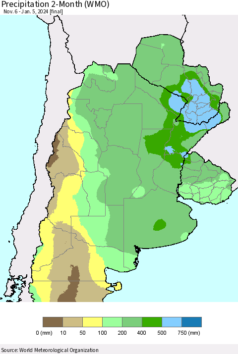 Southern South America Precipitation 2-Month (WMO) Thematic Map For 11/6/2023 - 1/5/2024