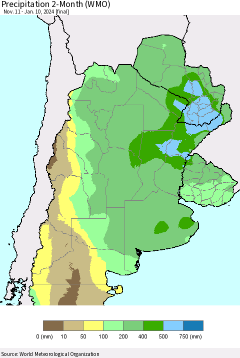 Southern South America Precipitation 2-Month (WMO) Thematic Map For 11/11/2023 - 1/10/2024