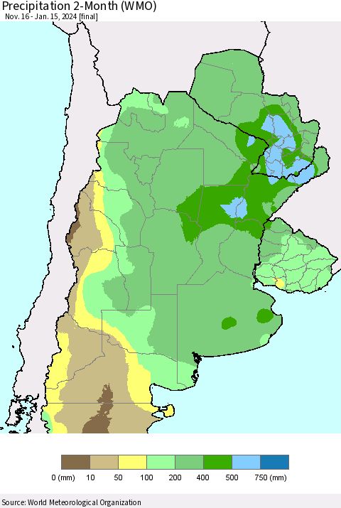Southern South America Precipitation 2-Month (WMO) Thematic Map For 11/16/2023 - 1/15/2024