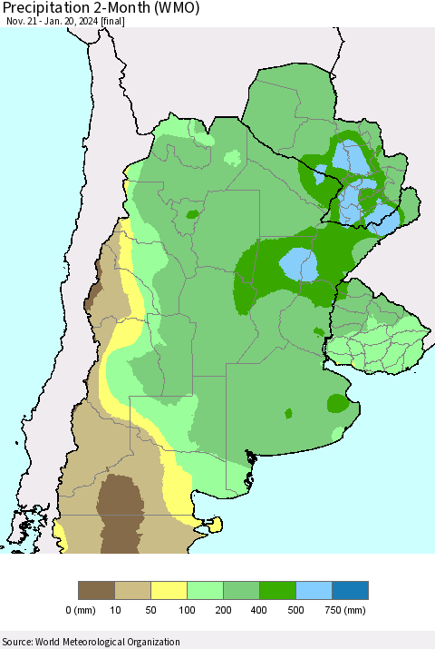 Southern South America Precipitation 2-Month (WMO) Thematic Map For 11/21/2023 - 1/20/2024