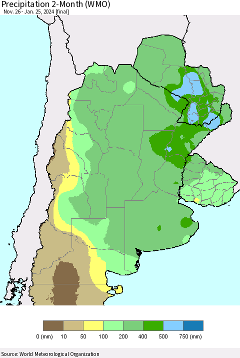 Southern South America Precipitation 2-Month (WMO) Thematic Map For 11/26/2023 - 1/25/2024