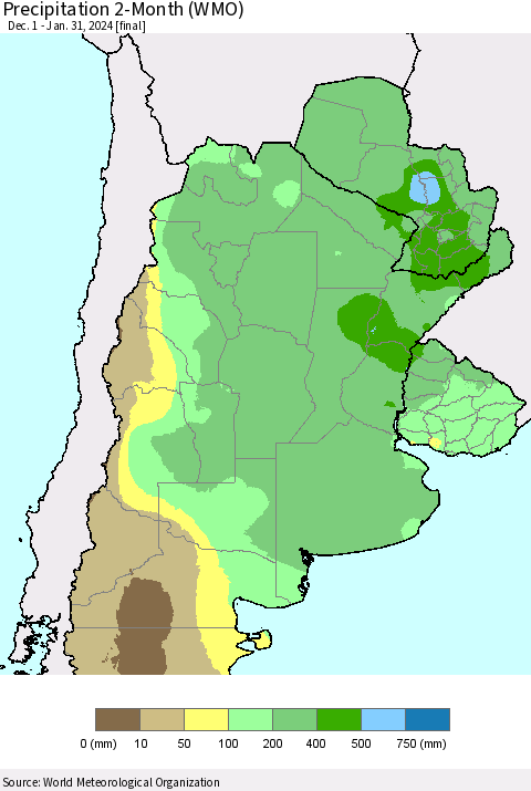 Southern South America Precipitation 2-Month (WMO) Thematic Map For 12/1/2023 - 1/31/2024