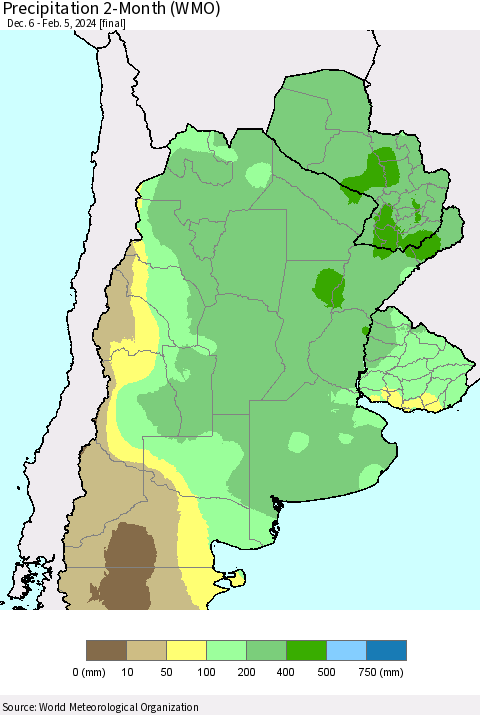 Southern South America Precipitation 2-Month (WMO) Thematic Map For 12/6/2023 - 2/5/2024