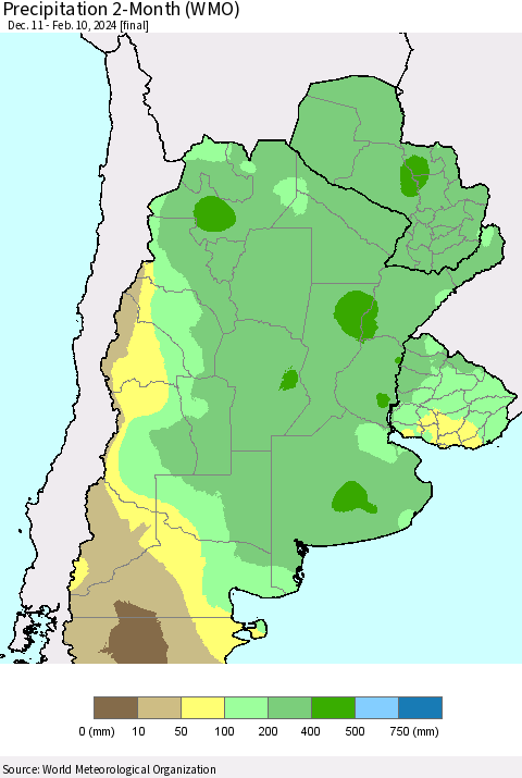 Southern South America Precipitation 2-Month (WMO) Thematic Map For 12/11/2023 - 2/10/2024
