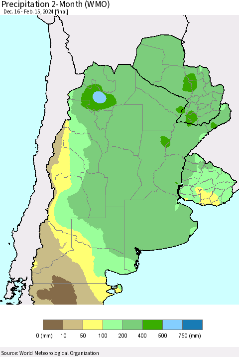 Southern South America Precipitation 2-Month (WMO) Thematic Map For 12/16/2023 - 2/15/2024