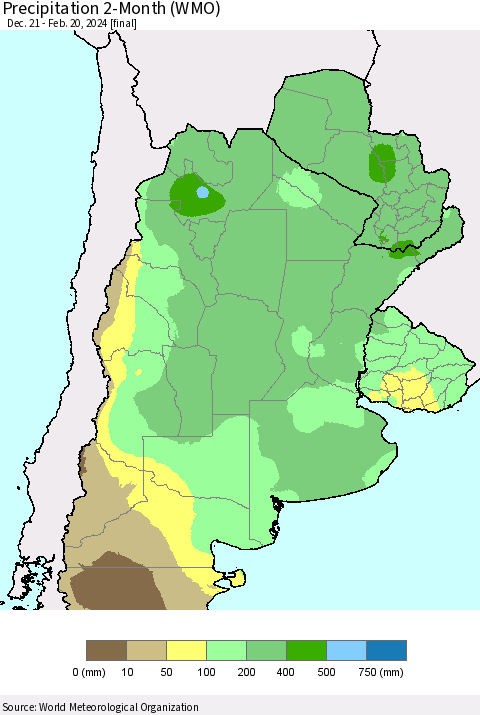 Southern South America Precipitation 2-Month (WMO) Thematic Map For 12/21/2023 - 2/20/2024