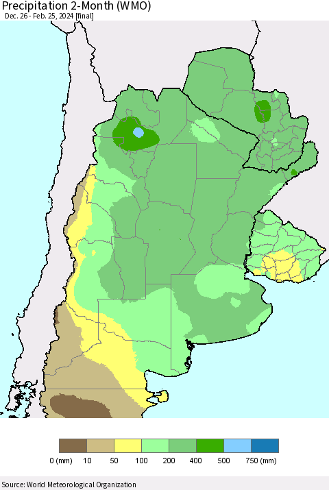 Southern South America Precipitation 2-Month (WMO) Thematic Map For 12/26/2023 - 2/25/2024