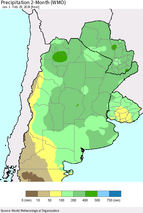 Southern South America Precipitation 2-Month (WMO) Thematic Map For 1/1/2024 - 2/29/2024