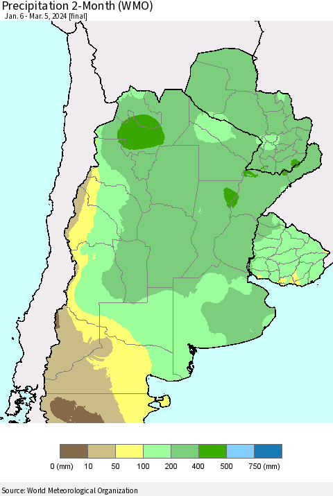 Southern South America Precipitation 2-Month (WMO) Thematic Map For 1/6/2024 - 3/5/2024