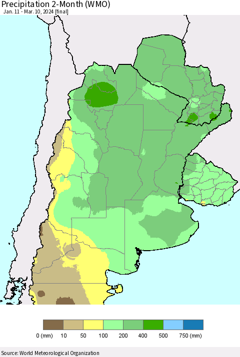 Southern South America Precipitation 2-Month (WMO) Thematic Map For 1/11/2024 - 3/10/2024