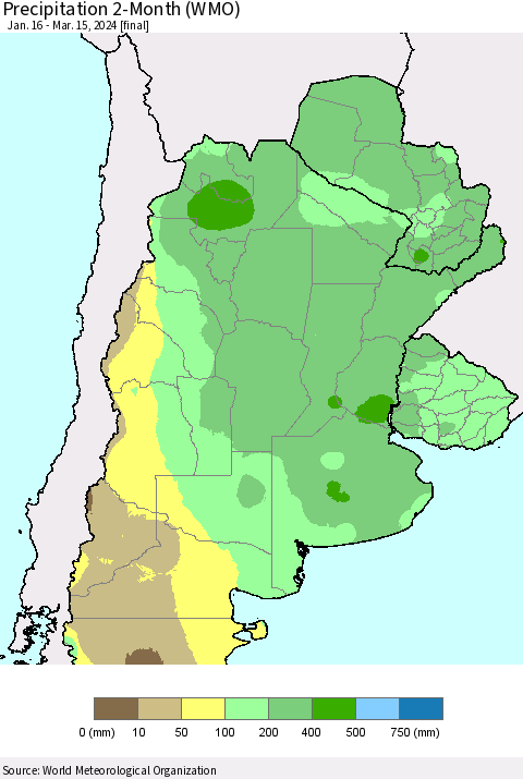 Southern South America Precipitation 2-Month (WMO) Thematic Map For 1/16/2024 - 3/15/2024
