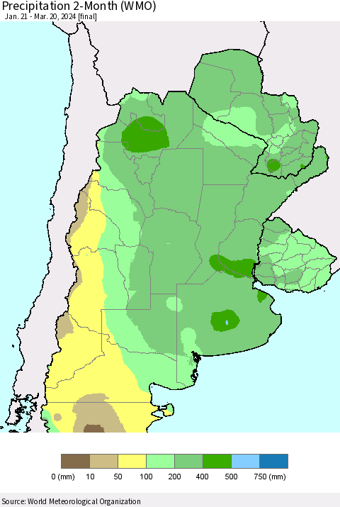 Southern South America Precipitation 2-Month (WMO) Thematic Map For 1/21/2024 - 3/20/2024
