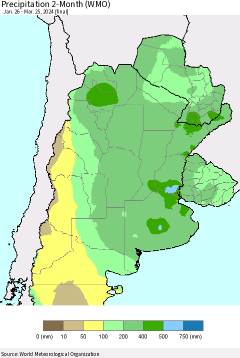 Southern South America Precipitation 2-Month (WMO) Thematic Map For 1/26/2024 - 3/25/2024