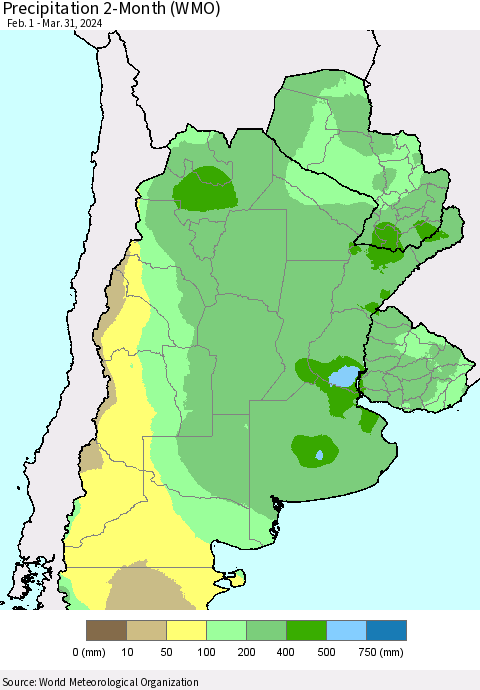 Southern South America Precipitation 2-Month (WMO) Thematic Map For 2/1/2024 - 3/31/2024