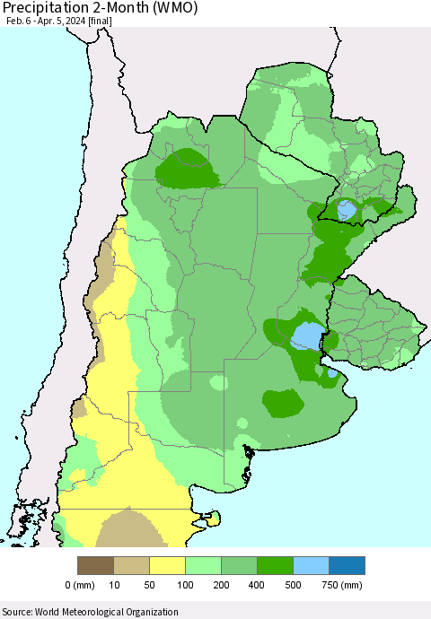 Southern South America Precipitation 2-Month (WMO) Thematic Map For 2/6/2024 - 4/5/2024