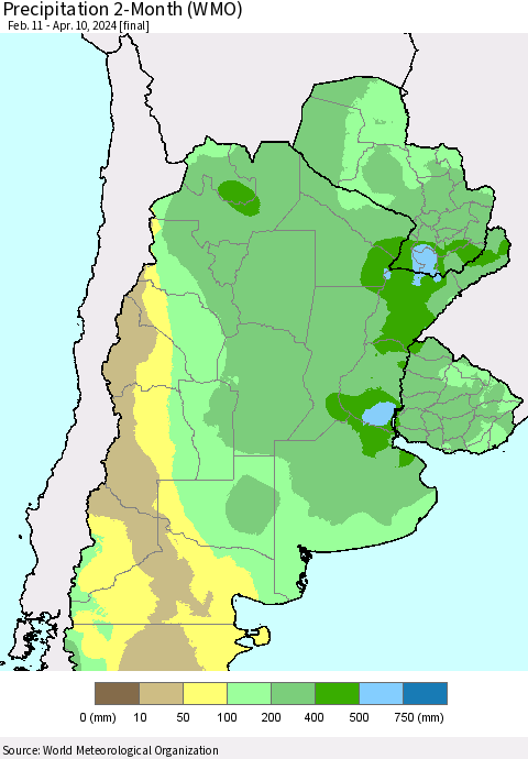 Southern South America Precipitation 2-Month (WMO) Thematic Map For 2/11/2024 - 4/10/2024