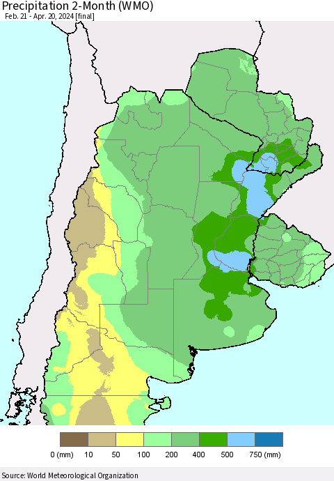 Southern South America Precipitation 2-Month (WMO) Thematic Map For 2/21/2024 - 4/20/2024