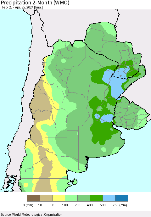 Southern South America Precipitation 2-Month (WMO) Thematic Map For 2/26/2024 - 4/25/2024
