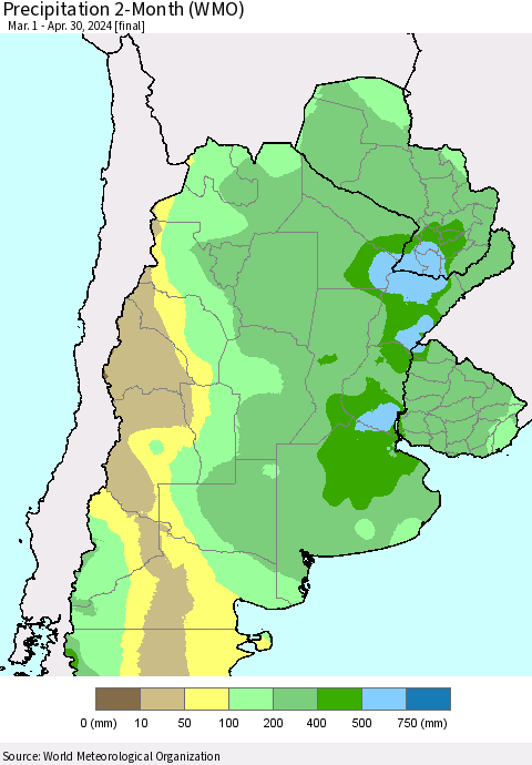Southern South America Precipitation 2-Month (WMO) Thematic Map For 3/1/2024 - 4/30/2024