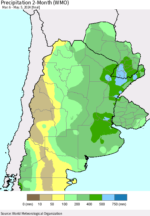 Southern South America Precipitation 2-Month (WMO) Thematic Map For 3/6/2024 - 5/5/2024