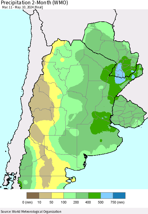 Southern South America Precipitation 2-Month (WMO) Thematic Map For 3/11/2024 - 5/10/2024