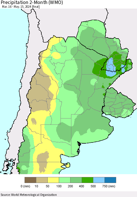 Southern South America Precipitation 2-Month (WMO) Thematic Map For 3/16/2024 - 5/15/2024