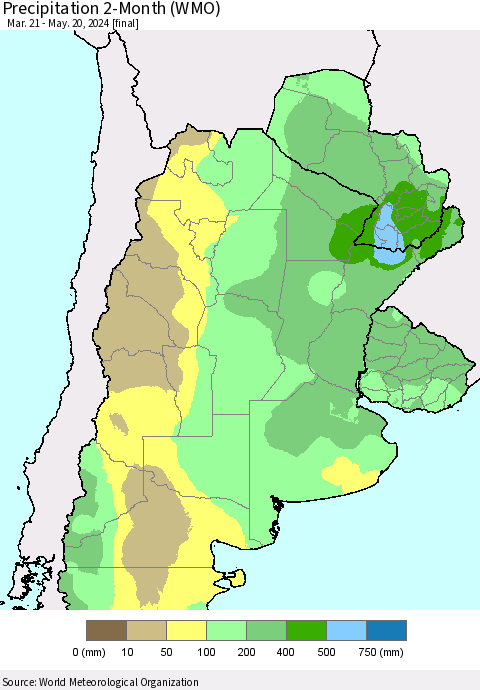 Southern South America Precipitation 2-Month (WMO) Thematic Map For 3/21/2024 - 5/20/2024