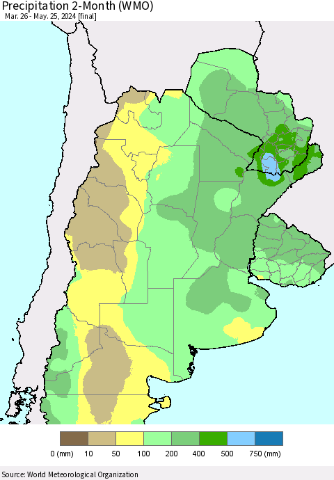Southern South America Precipitation 2-Month (WMO) Thematic Map For 3/26/2024 - 5/25/2024
