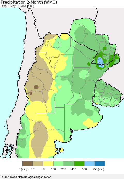 Southern South America Precipitation 2-Month (WMO) Thematic Map For 4/1/2024 - 5/31/2024