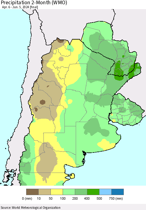 Southern South America Precipitation 2-Month (WMO) Thematic Map For 4/6/2024 - 6/5/2024