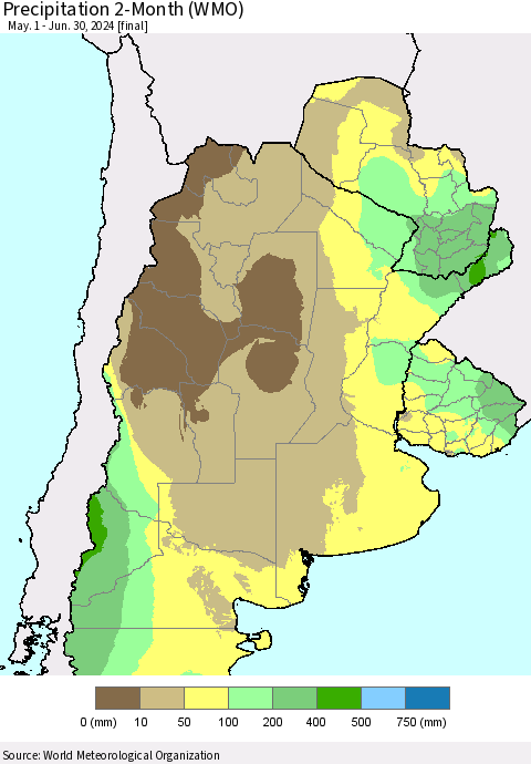 Southern South America Precipitation 2-Month (WMO) Thematic Map For 5/1/2024 - 6/30/2024