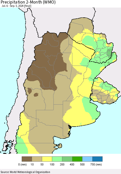 Southern South America Precipitation 2-Month (WMO) Thematic Map For 7/6/2024 - 9/5/2024