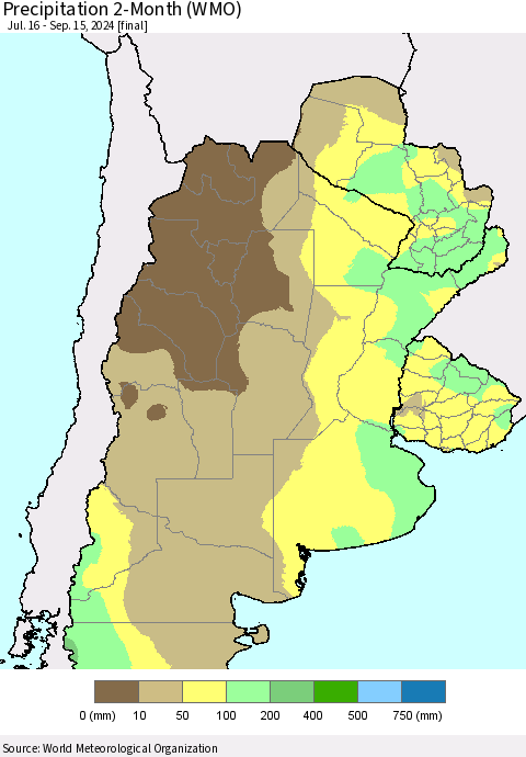 Southern South America Precipitation 2-Month (WMO) Thematic Map For 7/16/2024 - 9/15/2024