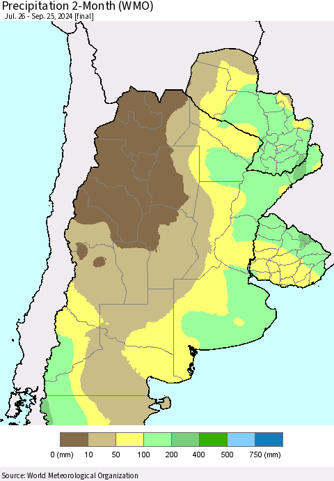 Southern South America Precipitation 2-Month (WMO) Thematic Map For 7/26/2024 - 9/25/2024