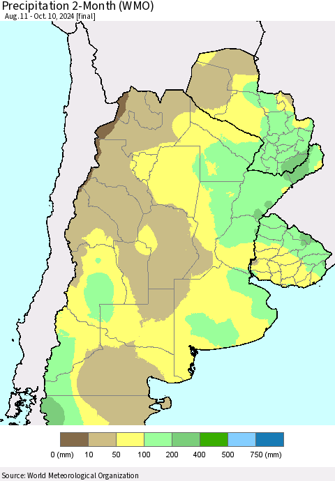 Southern South America Precipitation 2-Month (WMO) Thematic Map For 8/11/2024 - 10/10/2024