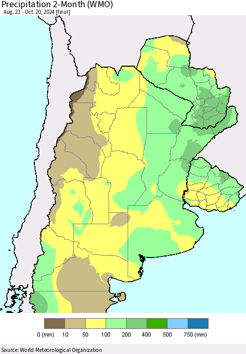 Southern South America Precipitation 2-Month (WMO) Thematic Map For 8/21/2024 - 10/20/2024