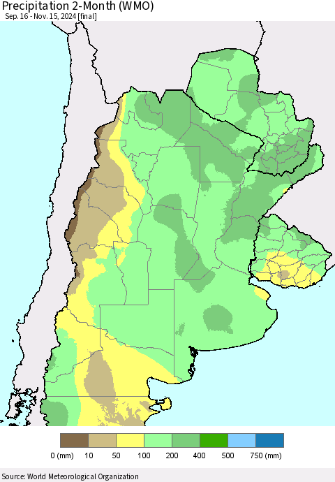 Southern South America Precipitation 2-Month (WMO) Thematic Map For 9/16/2024 - 11/15/2024