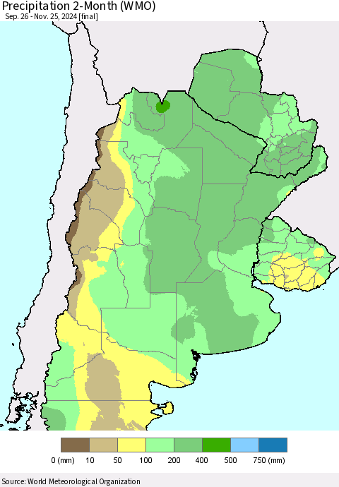 Southern South America Precipitation 2-Month (WMO) Thematic Map For 9/26/2024 - 11/25/2024