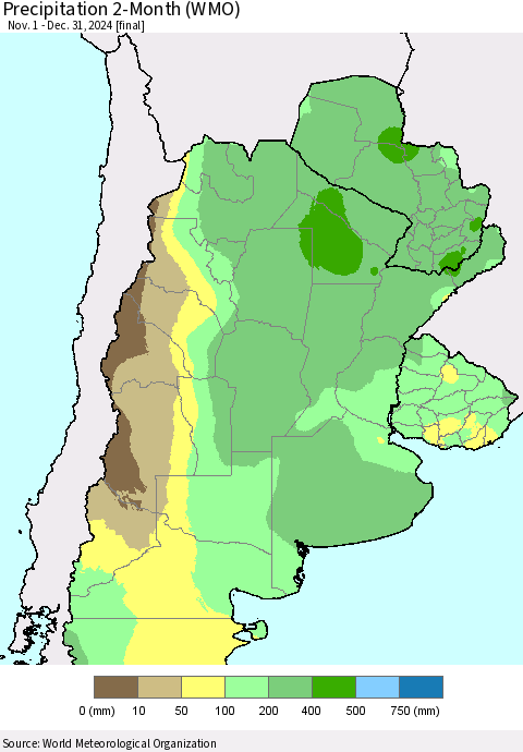Southern South America Precipitation 2-Month (WMO) Thematic Map For 11/1/2024 - 12/31/2024