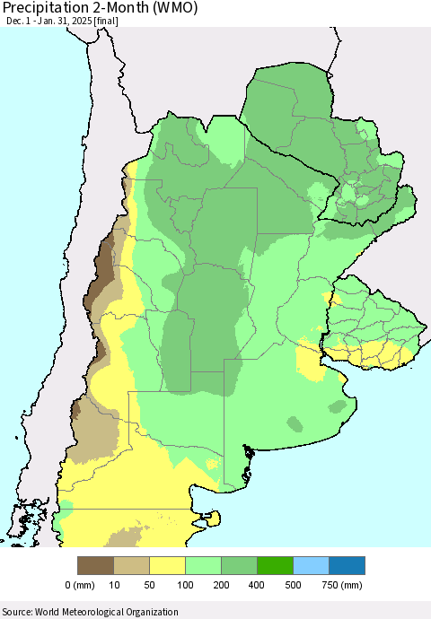 Southern South America Precipitation 2-Month (WMO) Thematic Map For 12/1/2024 - 1/31/2025