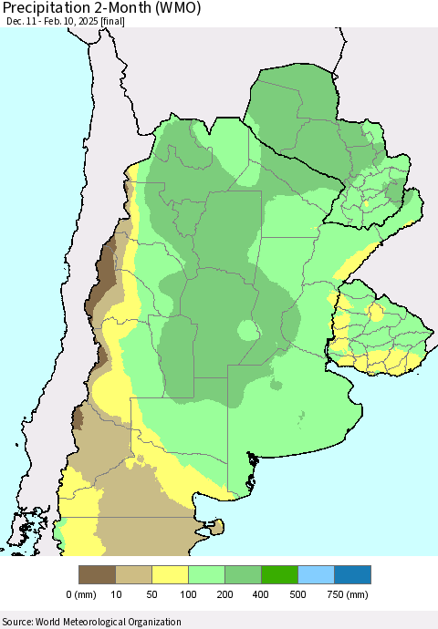 Southern South America Precipitation 2-Month (WMO) Thematic Map For 12/11/2024 - 2/10/2025