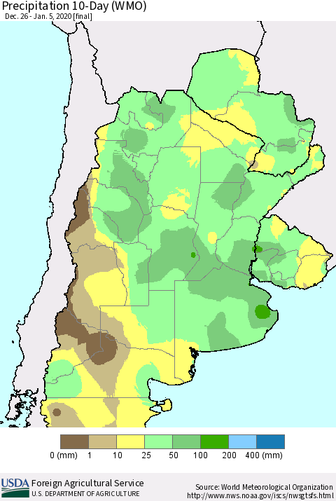 Southern South America Precipitation 10-Day (WMO) Thematic Map For 12/26/2019 - 1/5/2020