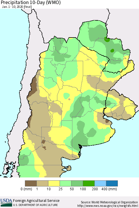 Southern South America Precipitation 10-Day (WMO) Thematic Map For 1/1/2020 - 1/10/2020
