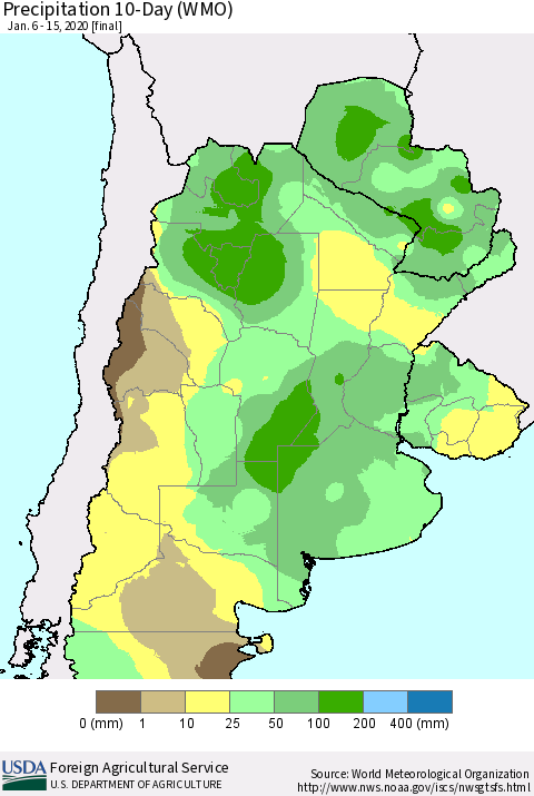 Southern South America Precipitation 10-Day (WMO) Thematic Map For 1/6/2020 - 1/15/2020