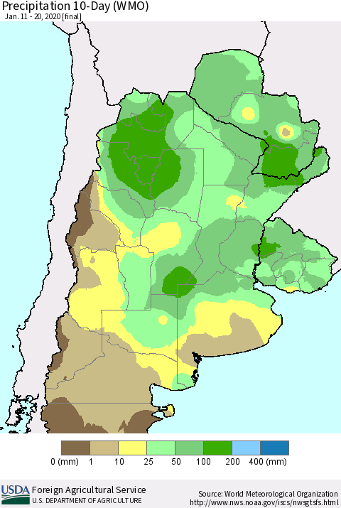 Southern South America Precipitation 10-Day (WMO) Thematic Map For 1/11/2020 - 1/20/2020